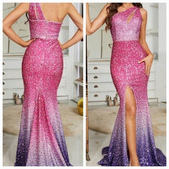 Hot Pink Ombre, Gradient, Diagonal Collar, Contrast Sequined Mermaid Go… - Picture 3 of 16